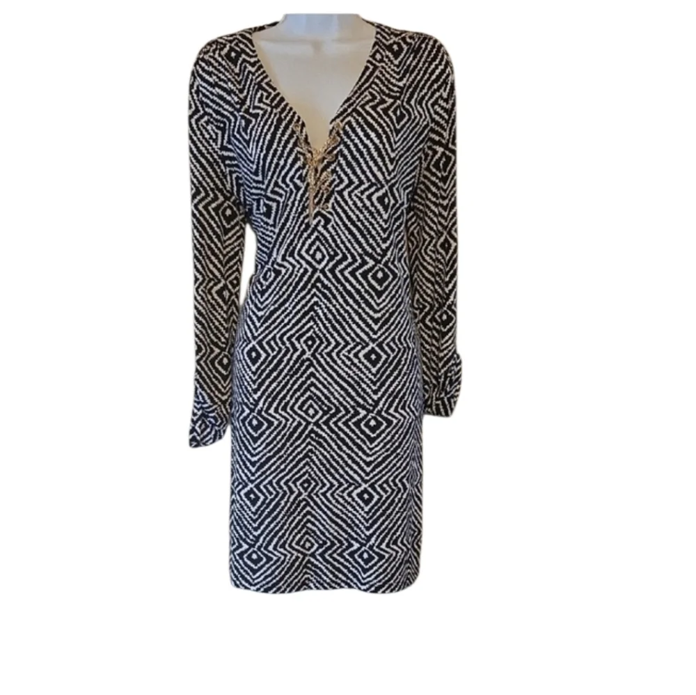 Michael Kors Black and White Sheath Dress with Plunge Neckline